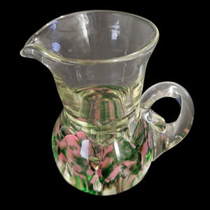 Handmade Art Glass Mini Pitcher Pink Green Controlled Bubble 4.5” Vintage